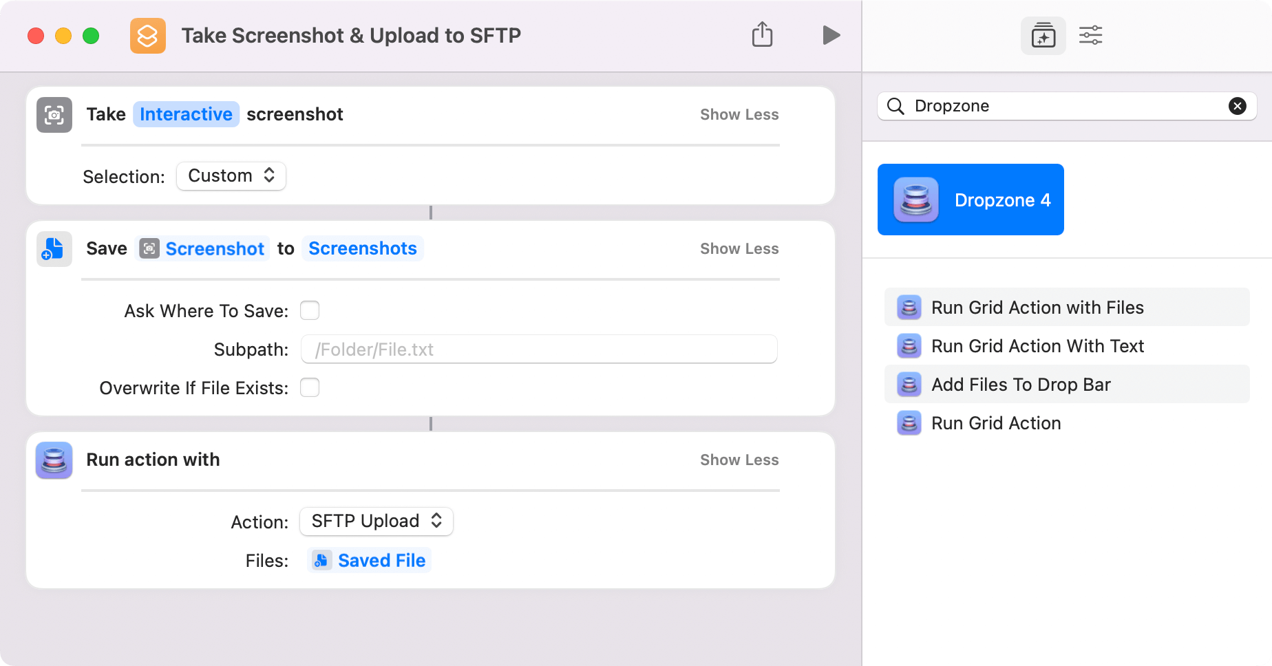 Dropzone Take Interactive Screenshot & Upload to SFTP Server